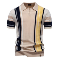 Men's Stripe Patchwork Polo - Knit Short Sleeve Collared Top - side view