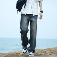 Men's Washed Straight Leg Jeans - Loose Fit Casual Denim - close up