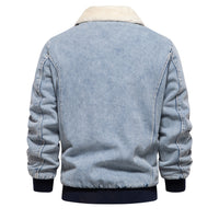 Men's Fleece-Lined Denim Jacket - Washed Casual Jean Coat - side view