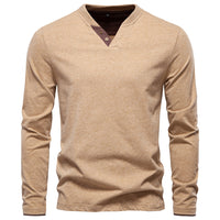 Men's V-Neck Cotton Long Sleeve T-Shirt - Casual Solid Color Tee - fabric detail