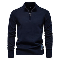 Men's Quarter Zip Cotton Sweater - Stand Collar Knit Top - close up