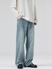 Men's Light Blue Washed Loose Straight Jeans - back view
