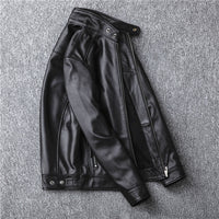 Men's Genuine Calfskin Leather Jacket - Stand Collar Moto Style - back view