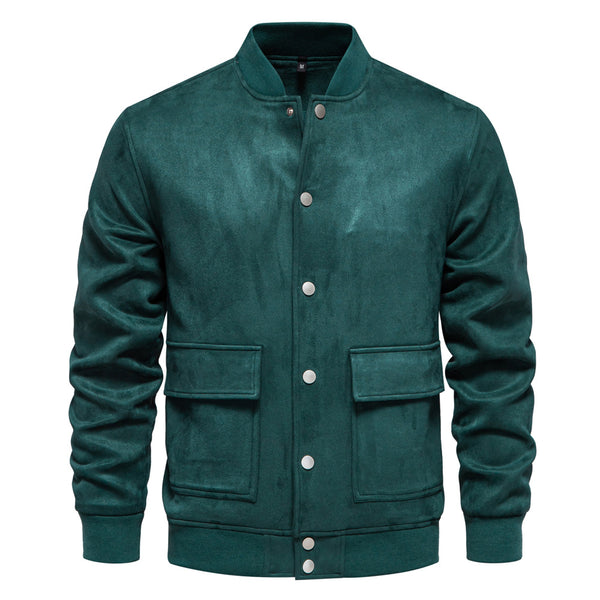 Men's Suede Stand Collar Bomber Jacket - Casual Baseball Coat - front view