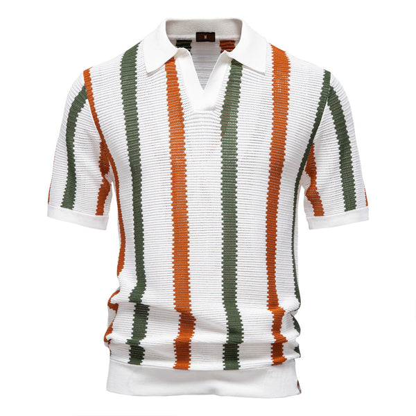 Men's Breathable Open Knit Polo - Striped Summer Sweater - front view