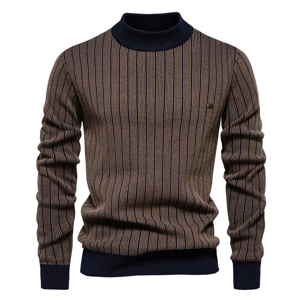 Men's Half Turtleneck Striped Sweater - Slim Fit Pullover - front view