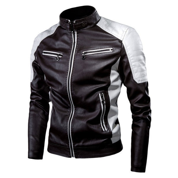 Men's PU Leather Biker Jacket - Stand Collar Motorcycle Coat - front view
