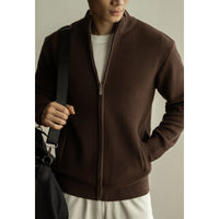 Men's Old Money Textured Knit Jacket - Zip Stand Collar Sweater - detail