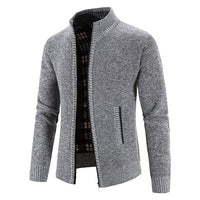 Men's Velvet-Lined Zip Cardigan - Stand Collar Knit Jacket - styled