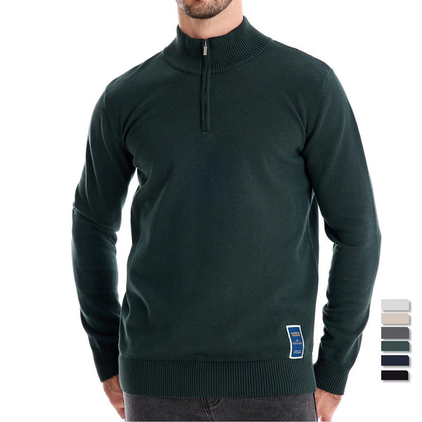 Men's Quarter Zip Cotton Sweater - Stand Collar Knit Top