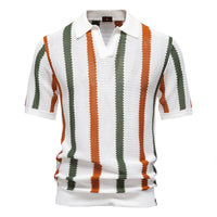 Men's Breathable Open Knit Polo - Striped Summer Sweater - close up