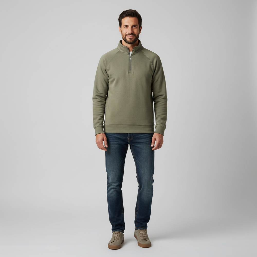 Men's Ribbed Stand Collar Half Zip Top - Raglan Sleeve Sweatshirt