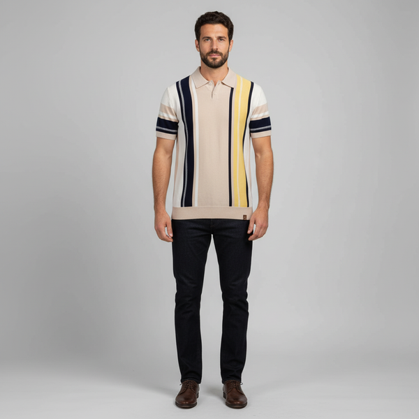 Men's Jacquard Striped Polo Shirt - Knit Short Sleeve Top