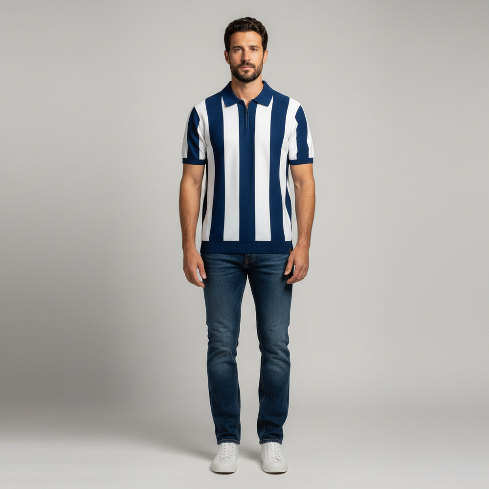Men's Knit Stripe Polo Shirt - Casual Short Sleeve Collar Top