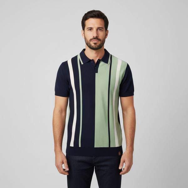 Men's Stripe Patchwork Polo - Knit Short Sleeve Collared Top