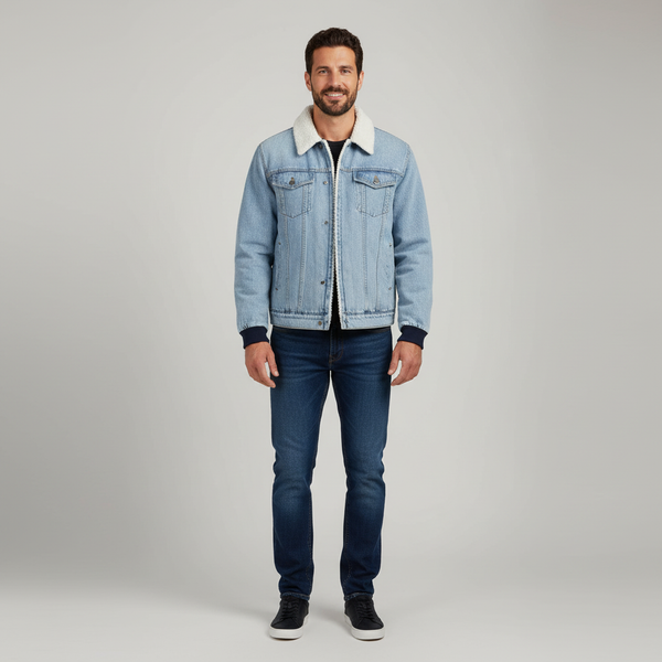 Men's Fleece-Lined Denim Jacket - Washed Casual Jean Coat