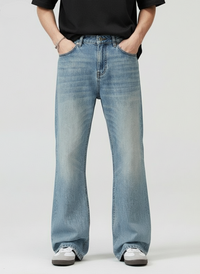 Men's Washed Light Blue Bootcut Jeans - fabric detail