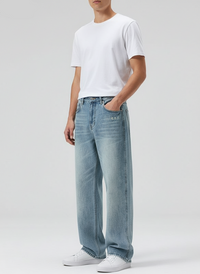Men's Light Blue Washed Loose Straight Jeans - full body