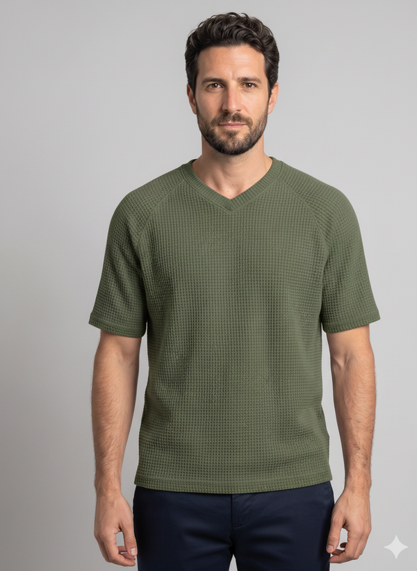 Men's Waffle Knit V-Neck T-Shirt — Raglan Sleeve Casual Summer Tee