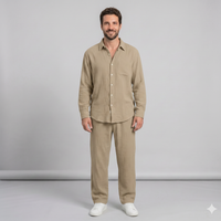Men's Linen Blend Shirt & Pants Set — Long Sleeve Button-Up Two-Piece Suit