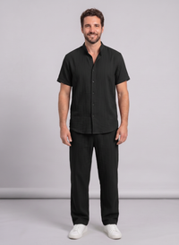 Men's Textured Beach Shirt & Shorts Set — Wrinkled Fabric Two-Piece Outfit