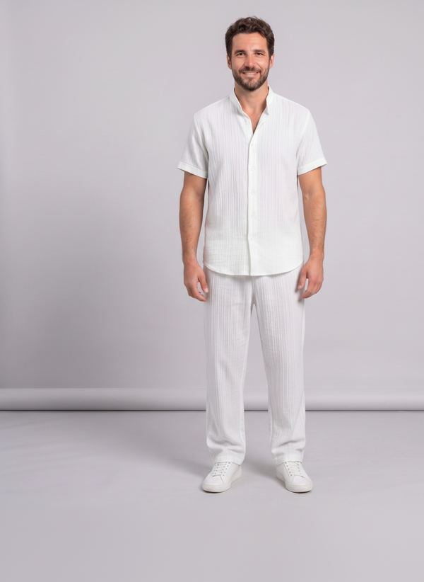 Men's Textured Beach Shirt & Shorts Set — Wrinkled Fabric Two-Piece Outfit