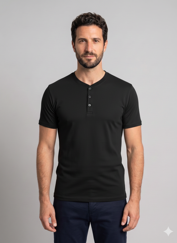 Men's Magnetic Snap Henley T-Shirt — Solid Color Casual Short Sleeve Tee