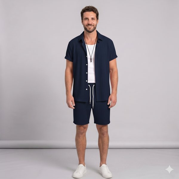 Men's Striped Beach Shirt & Shorts Set — Casual Summer Two-Piece Outfit