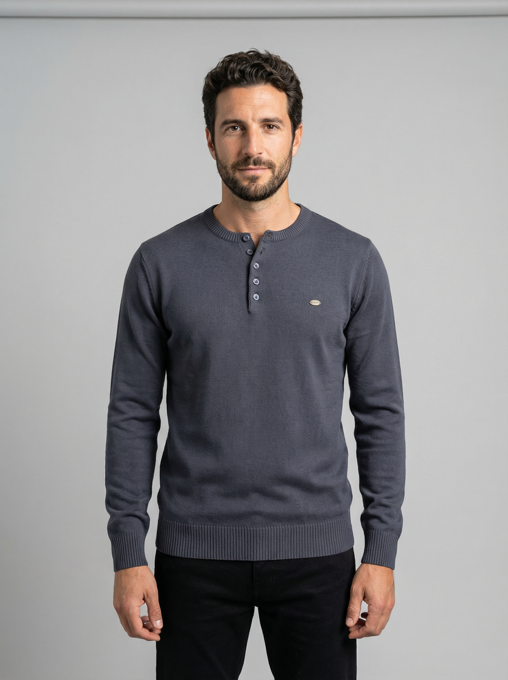 Men's Henley Collar Knit Sweater - Solid Pullover Long Sleeve