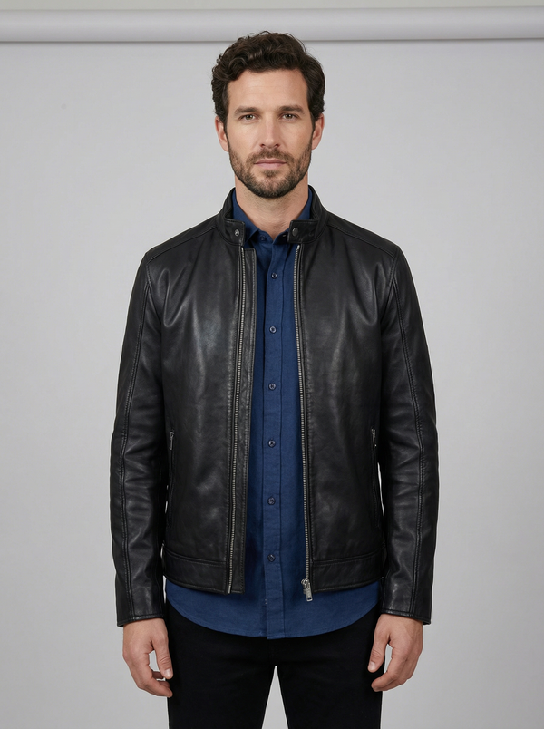Men's Genuine Calfskin Leather Jacket - Stand Collar Moto Style