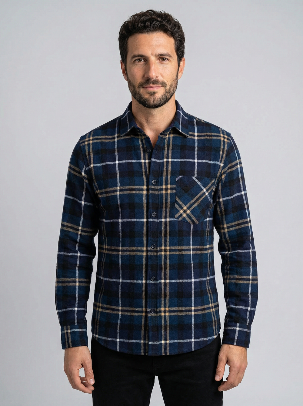 Men's Brushed Cotton Plaid Shirt - Long Sleeve Button Down