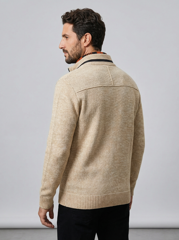 Men's Velvet-Lined Zip Cardigan - Stand Collar Knit Jacket - front view
