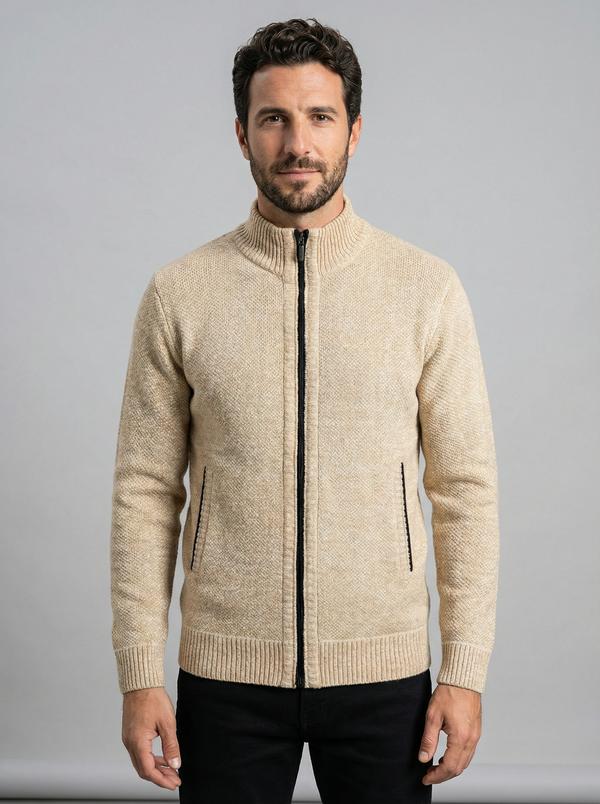 Men's Velvet-Lined Zip Cardigan - Stand Collar Knit Jacket